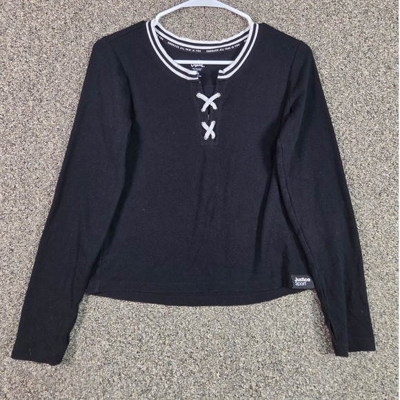 Justice Tops - Justice Sport Ribbed Top Girls XL 16/18 Black Lace Up Long Sleeve Ringer Tee